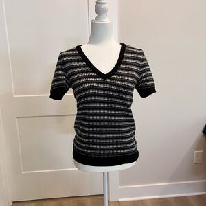 Trina Turk Black and Gray Striped V-Neck Sweater